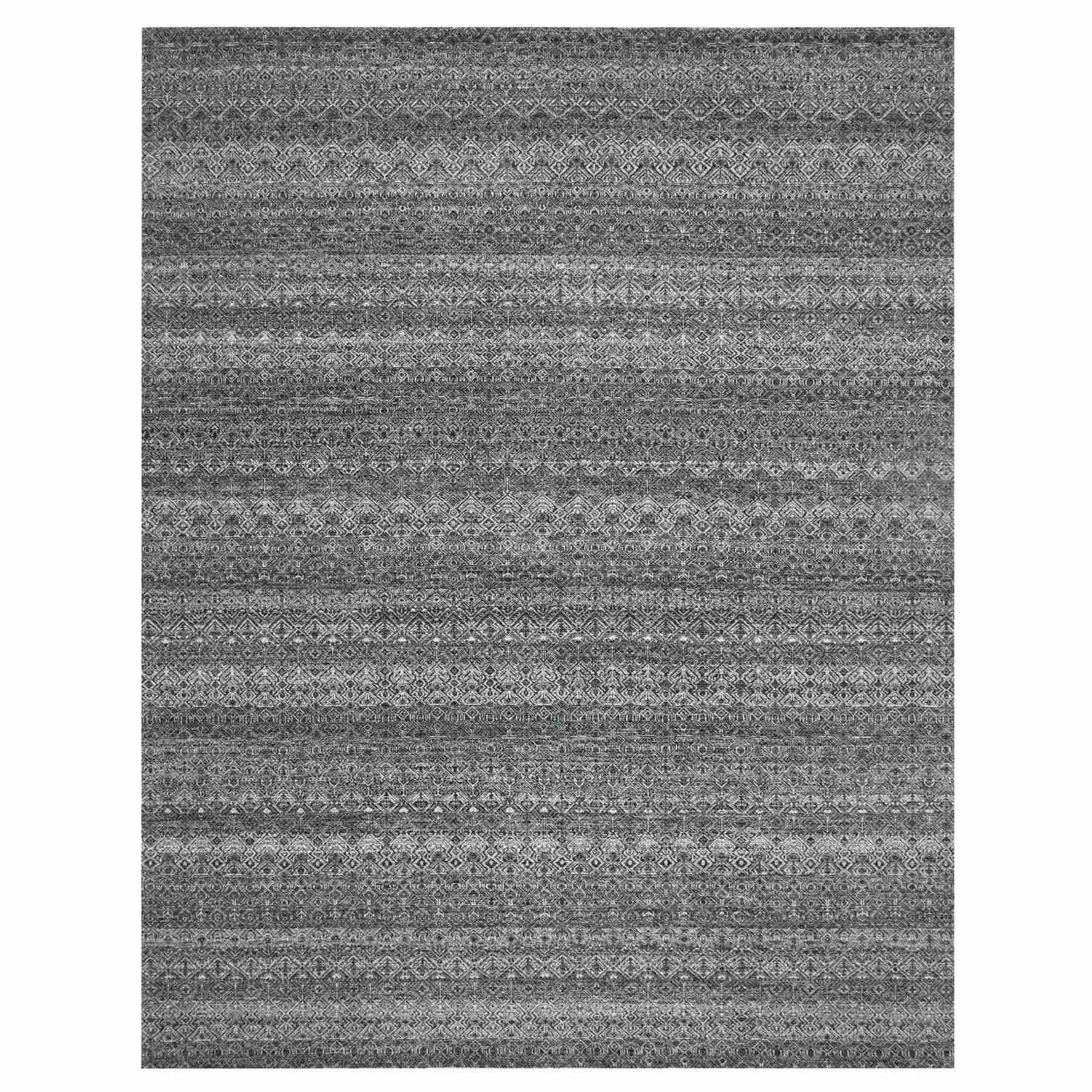 9'2"x11'10" Phantom Black, Kohinoor Herat Small Geometric Repetitive Design, Tone On Tone, Hand Knotted, Soft Wool, Oriental Rug 